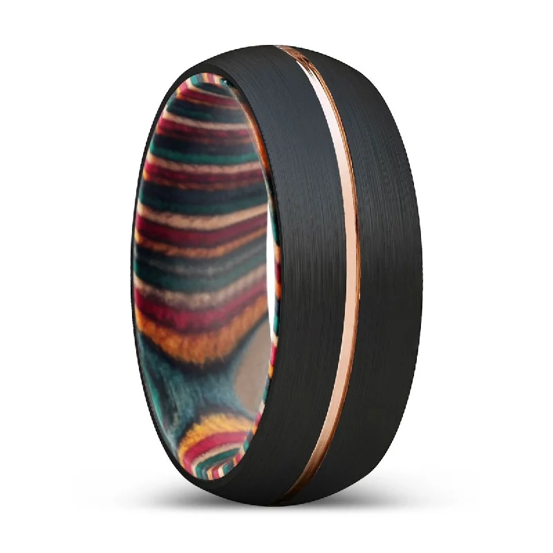 LUDOLF | Multi Color Wood, Black Tungsten Ring, Rose Gold Groove, Domed