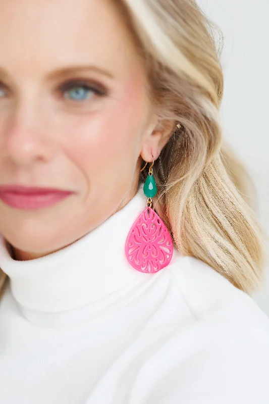 Heart-Shaped Stud Earrings-Beautiful Bright Pink and Turquoise Drop Earrings