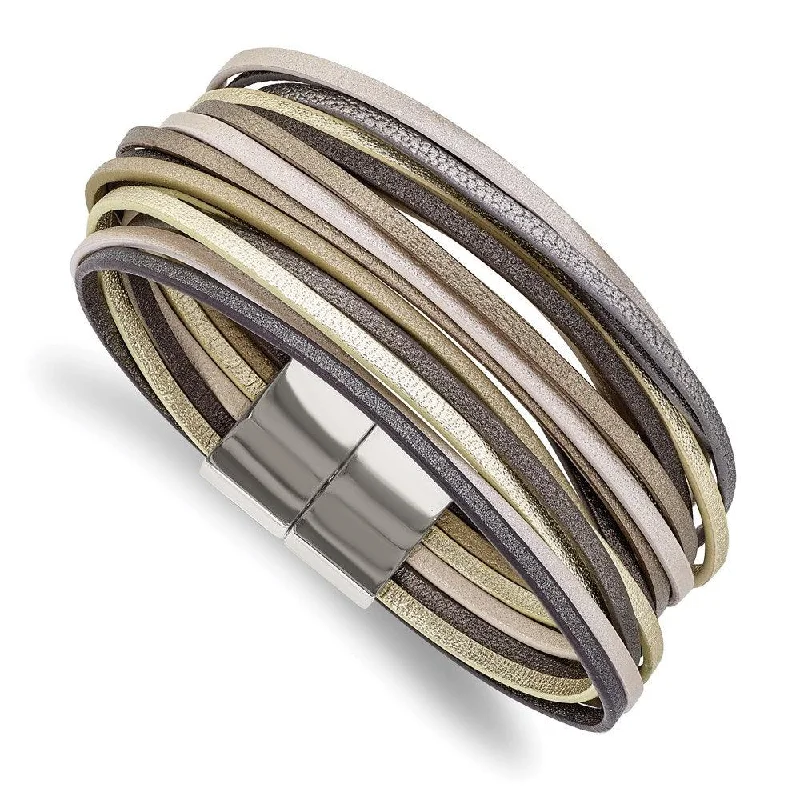 Luxury Cuff Bracelet-Stainless Steel Polished Multi Strand Metallic Faux Leather 7.25in Bracelet