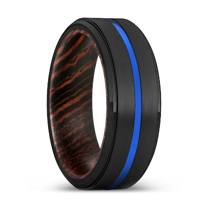 EQUINOX | Wenge Wood, Black Tungsten Ring, Blue Groove, Stepped Edge