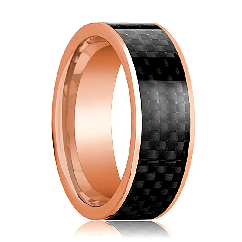 Men's 14k Rose Gold Flat Polished Wedding Band with Black Carbon Fiber Inlay