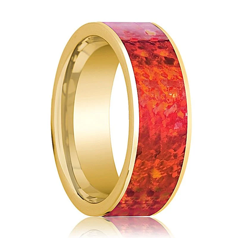 Men's Flat 14k Yellow Gold Wedding Band with Red Opal Inlay & Polished Finish - 8MM