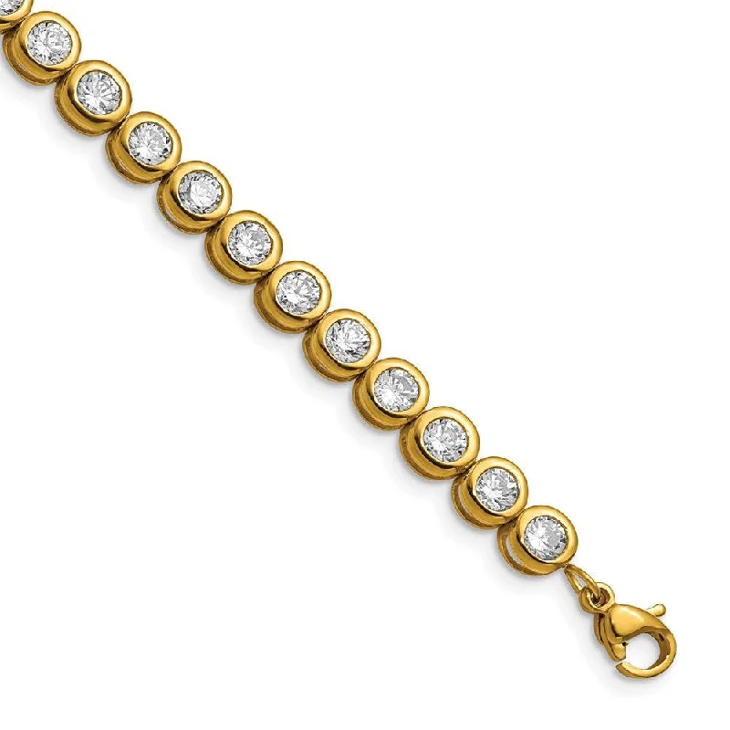 Luxurious Diamond Bracelet-Stainless Steel Yellow IP-plated Polished CZ Tennis w/ 1in ext. Bracelet