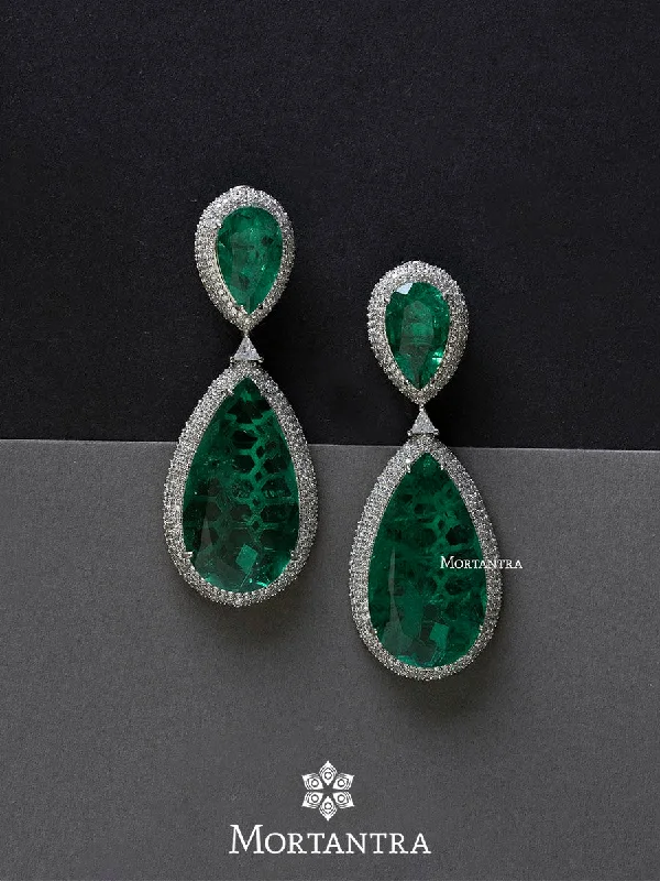 Silver Ear Cuffs-Green Color Silver Plated Faux Diamond Earrings - CZEAR457GR