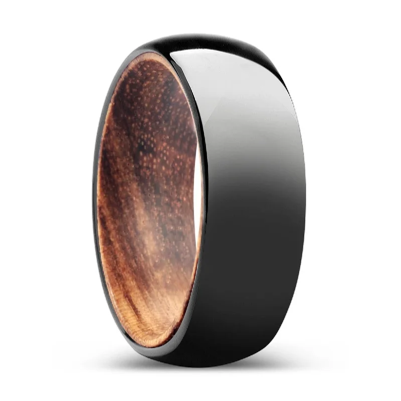 SILVAN | Zebra Wood, Black Tungsten Ring, Shiny, Domed