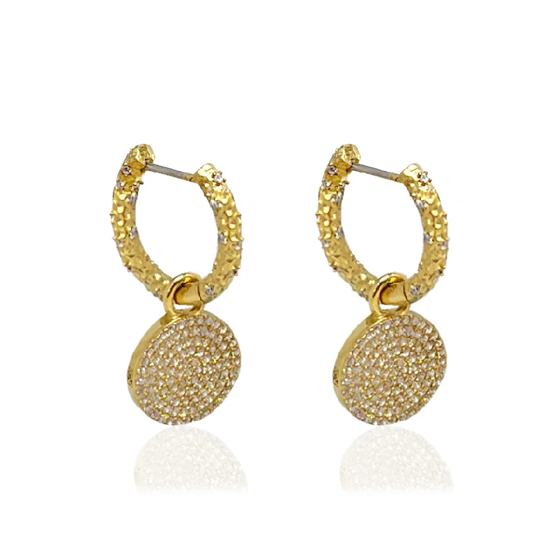 Dainty Gold Earrings-GOLD CRYSTAL HUGGIES WITH SLIDE ON PAVE DISC