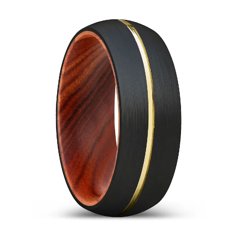 BOULEM | IRON Wood, Black Tungsten Ring, Gold Groove, Domed