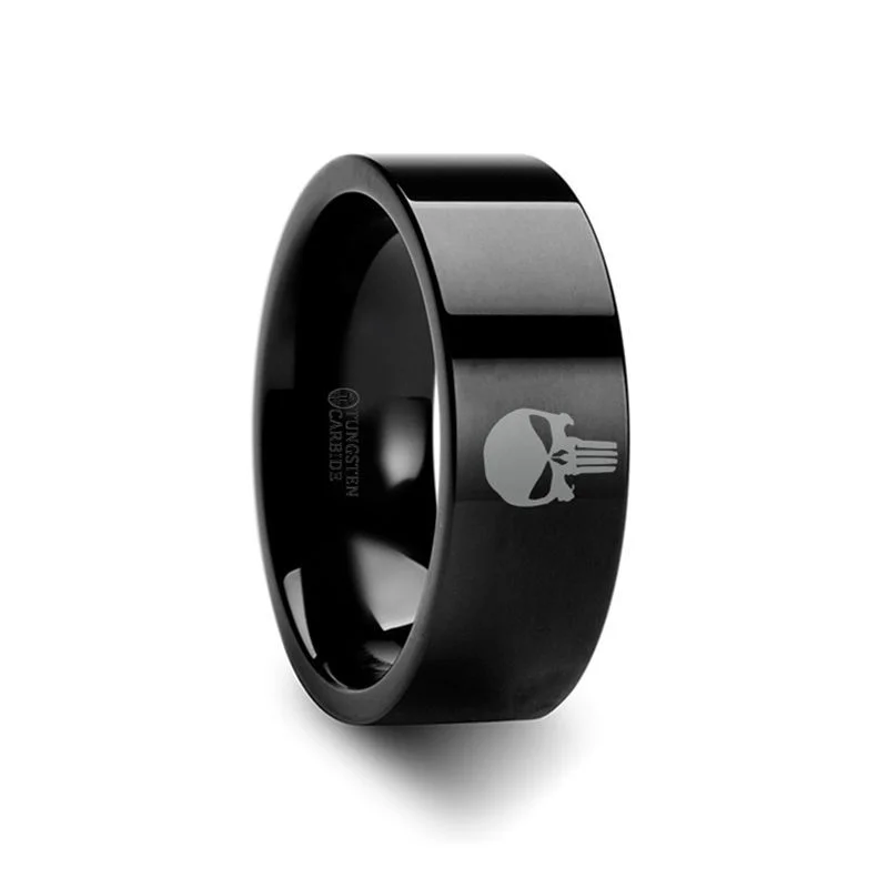 Punisher Symbol Super Hero Black Tungsten Engraved Ring Jewelry - 4mm - 8mm