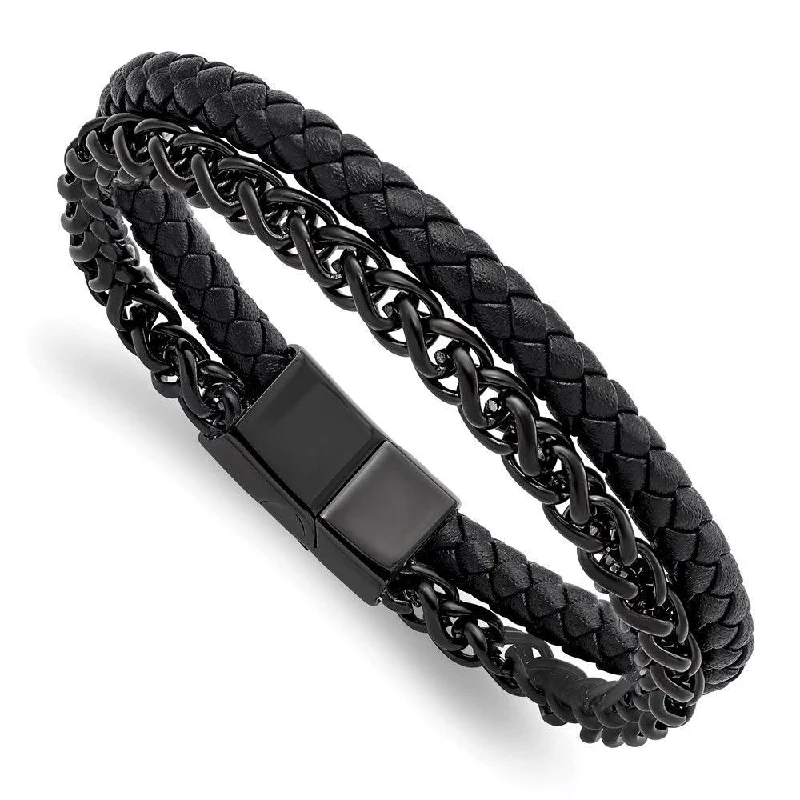 Crystal Bangle Bracelet-Stainless Steel Polished Black IP-plated Chain Black Leather 8.5in Bracelet