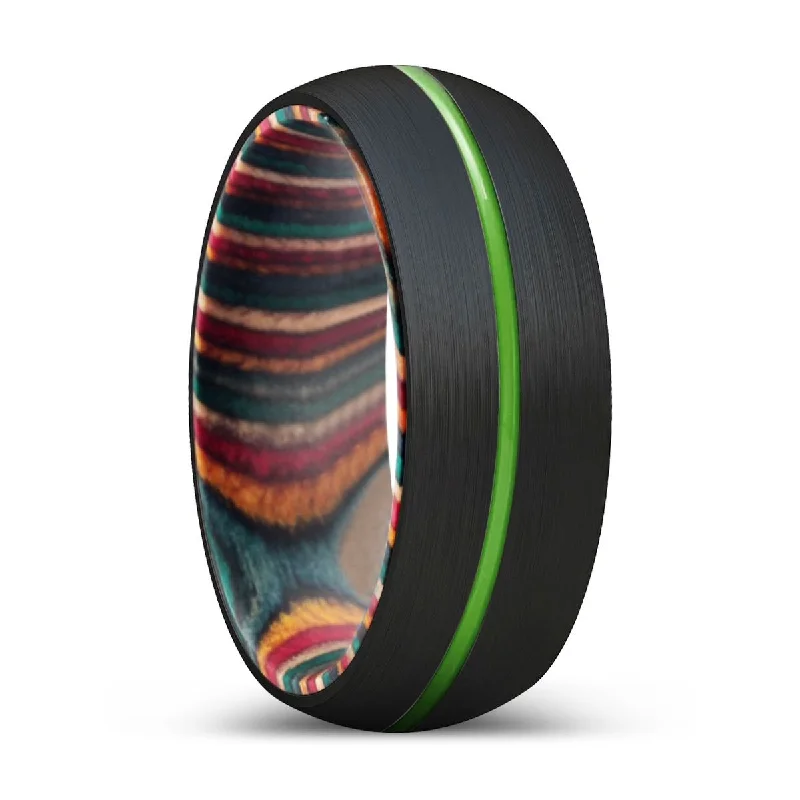 KOMODO | Multi Color Wood, Black Tungsten Ring, Green Groove, Domed