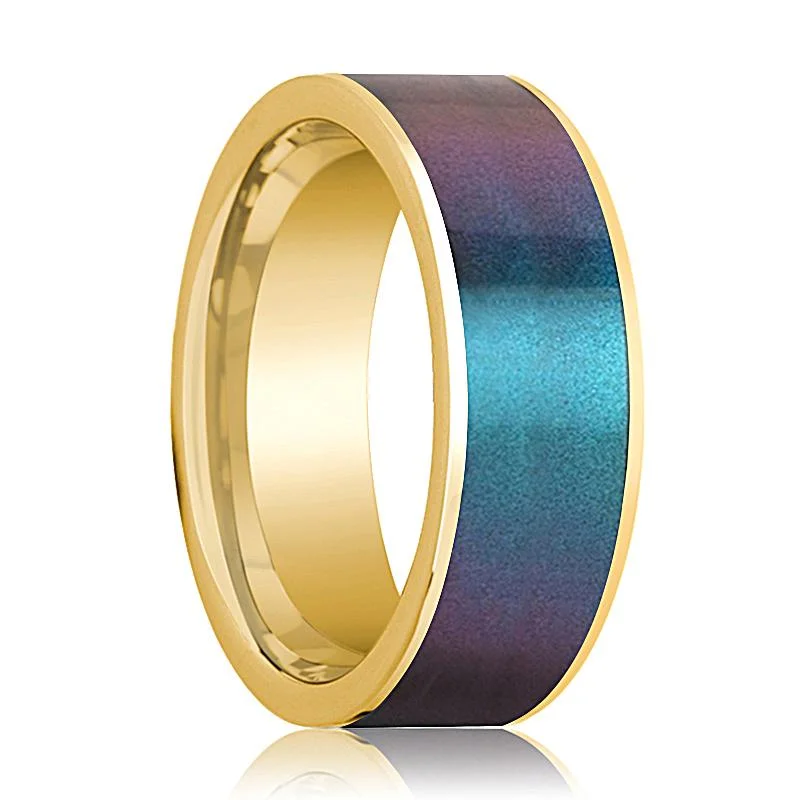 Flat Polished 14k Yellow Gold Men's Wedding Band with Blue/Purple Color Changing Inlay - 8MM