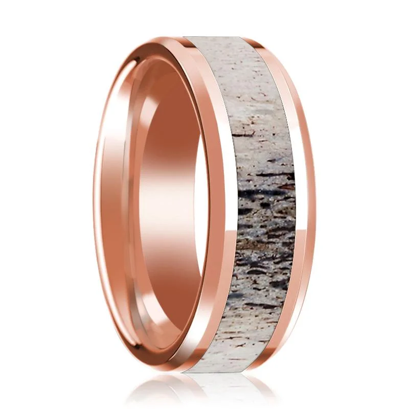 Ombre Deer Antler Inlaid 14k Rose Gold Polished Wedding Band for Men with Polished Edges - 8MM