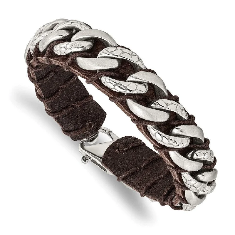 Cute Charm Bracelet-Stainless Steel Brushed Polished & Textured Brown Leather 8.5in Bracelet