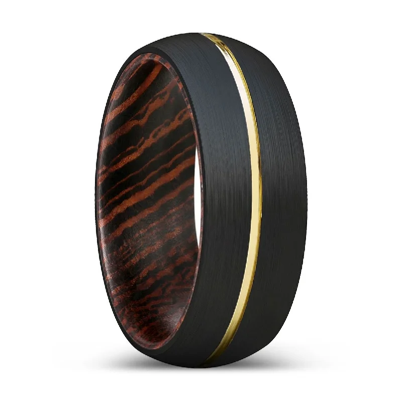 CLIFTON | Wenge Wood, Black Tungsten Ring, Gold Groove, Domed