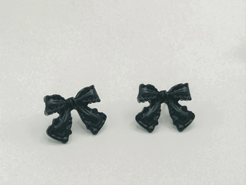 Handmade Gold Earrings-Adorable Black Bow Earrings