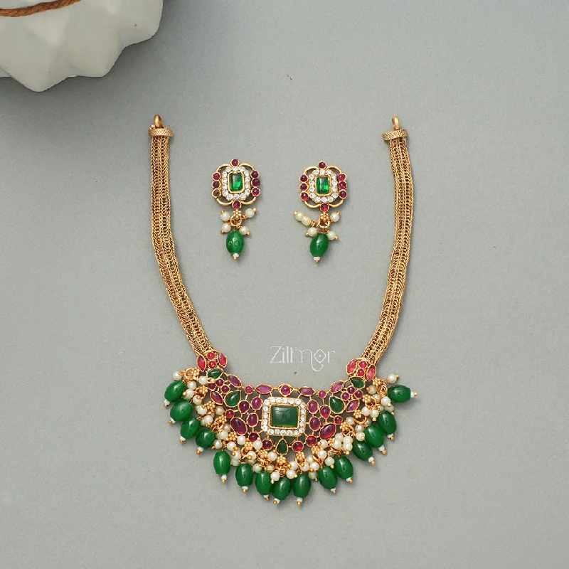 Gold Diamond Necklace-NV1011312 -  Beads Hanging Pendant Antique Necklace Earrings Set