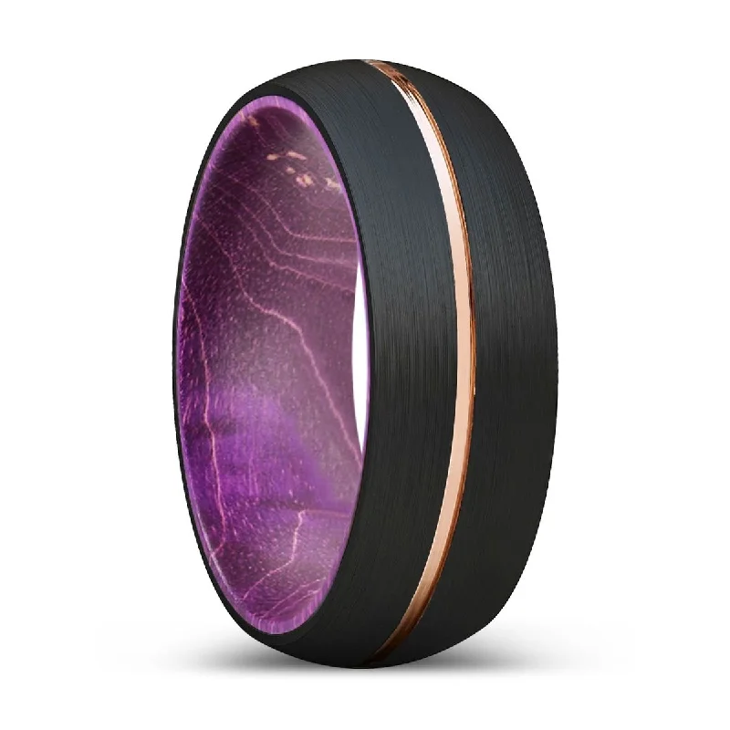 ZETTER | Purple Wood, Black Tungsten Ring, Rose Gold Groove, Domed