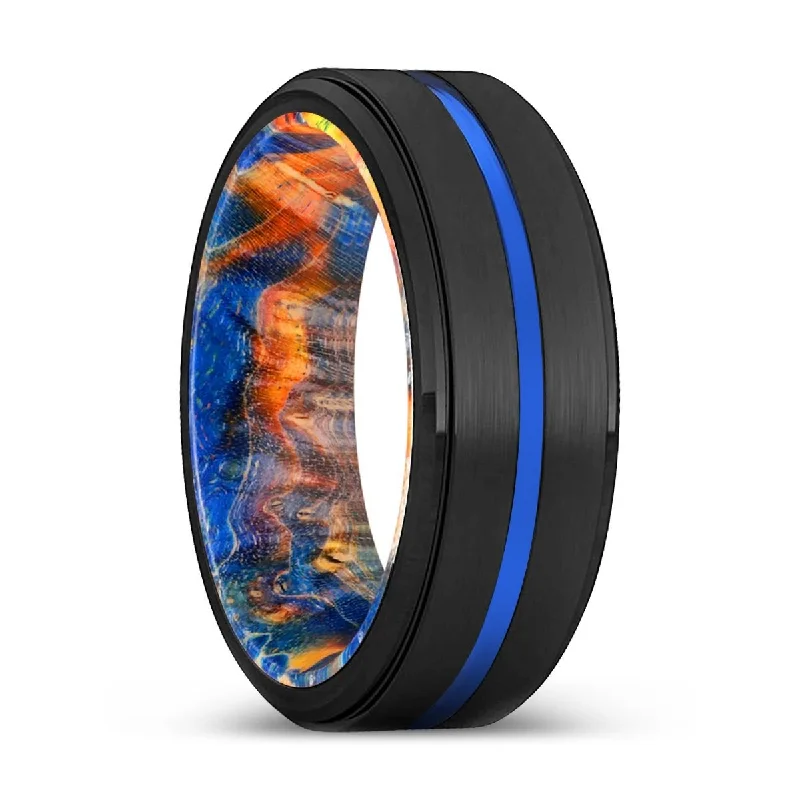 VICIOUS | Blue & Yellow/Orange Wood, Black Tungsten Ring, Blue Groove, Stepped Edge