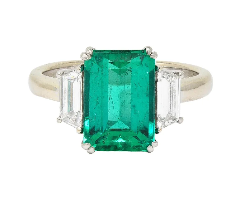 1980's 3.51 CTW Colombian Emerald Diamond Platinum 18 Karat White Gold Vintage Three Stone Ring AGL