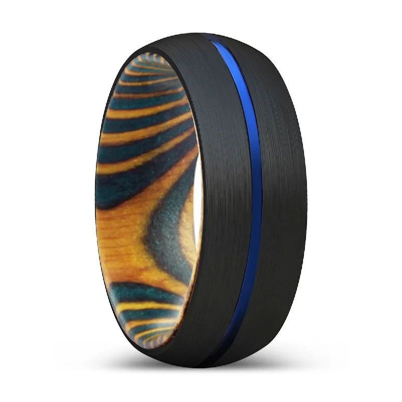 CHRISTIAN | Green & Yellow Wood, Black Tungsten Ring, Blue Groove, Domed