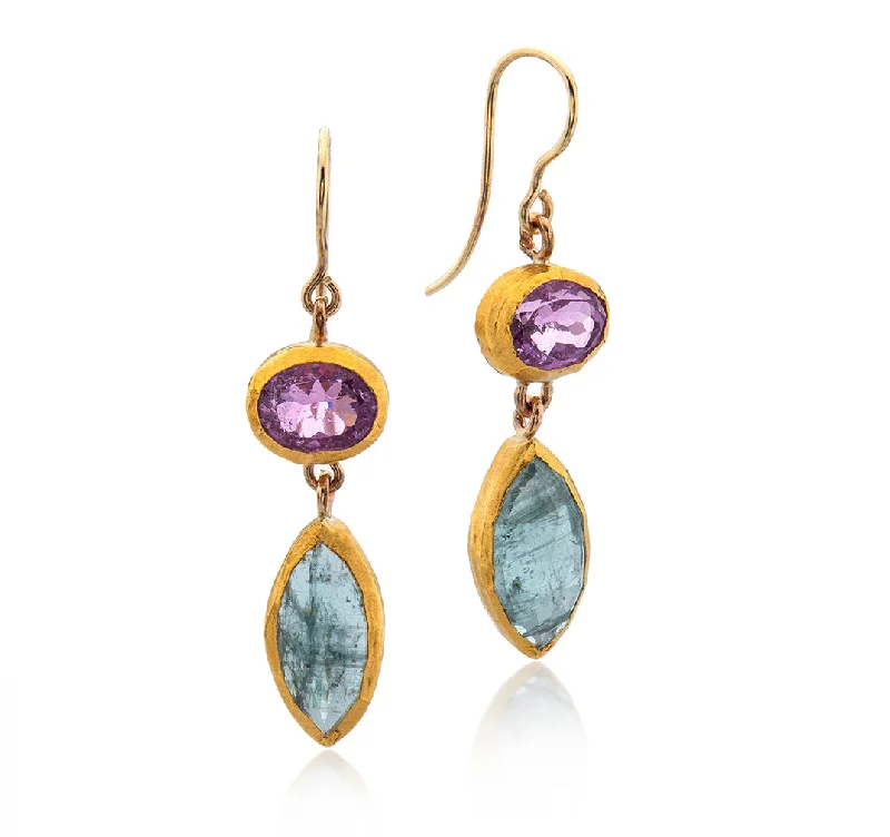 Customizable Earrings-Nava Zahavi Yellow Gold Pink Quartz and Aquamarine Earrings