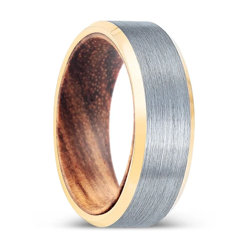 WILDLEAF | Zebra Wood, Brushed, Silver Tungsten Ring, Gold Beveled Edges