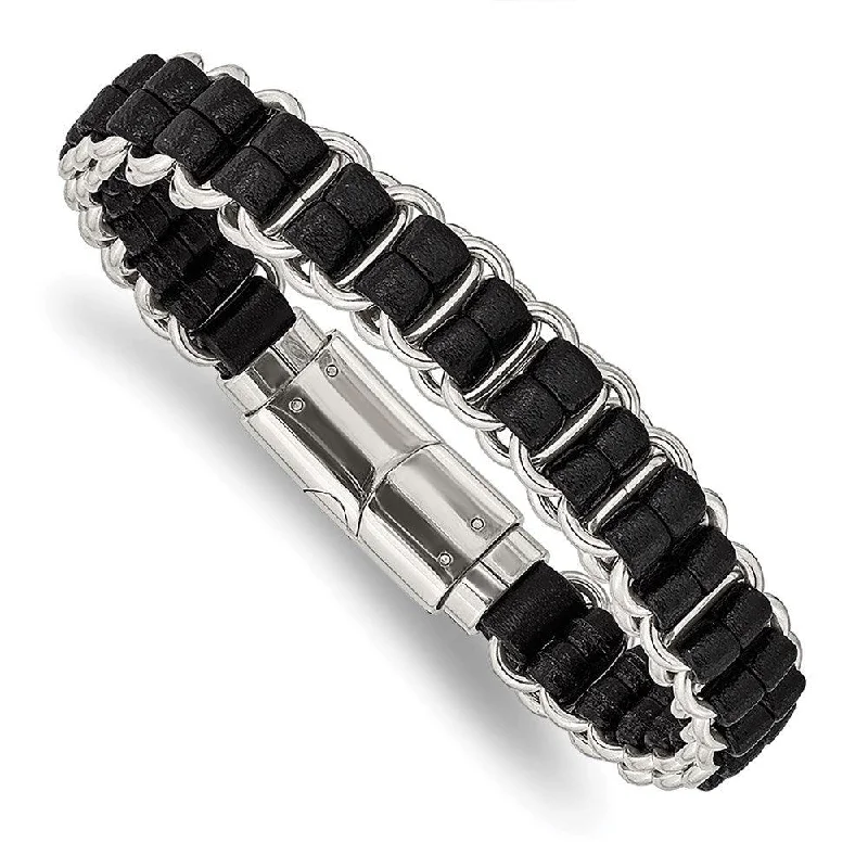 Adjustable Leather Bracelet-Stainless Steel Polished Black Leather 8.5in Bracelet