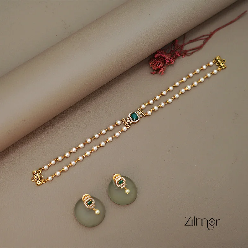 Vintage Gold Necklace-SN1011468 - AD Stone Pearl Choker Necklace Earrings Set (color option)