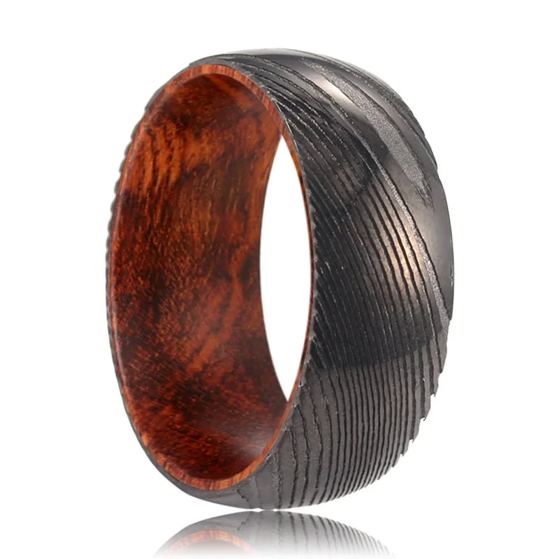 RIDDLE | Snake Wood, Gunmetal Damascus Steel Ring, Domed