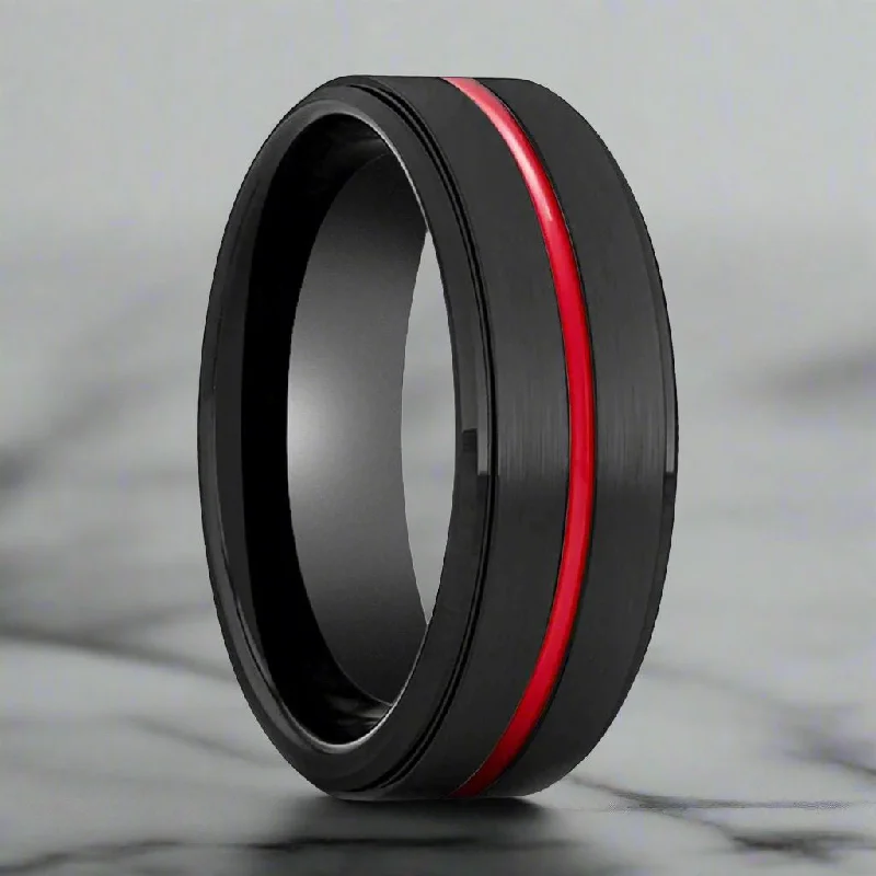 BATMOBILE | Black Ring, Black Tungsten Ring, Red Groove, Stepped Edge