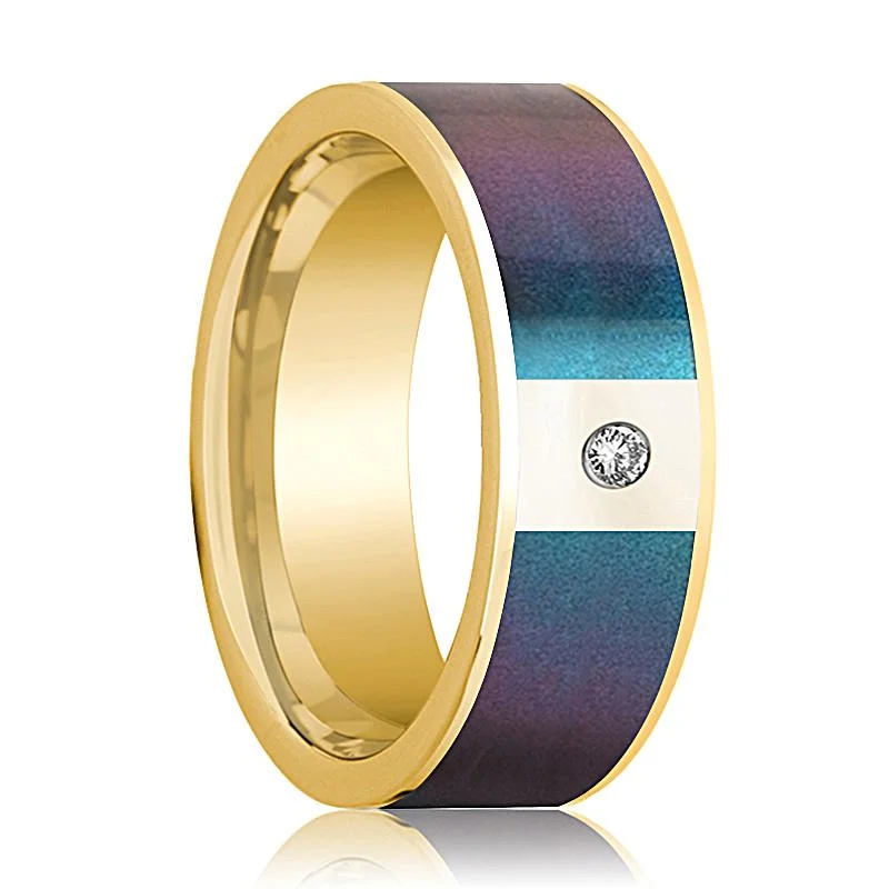 Men's 14k Yellow Gold and Diamond Wedding Band with Blue/Purple Color Changing Inlay - 8MM