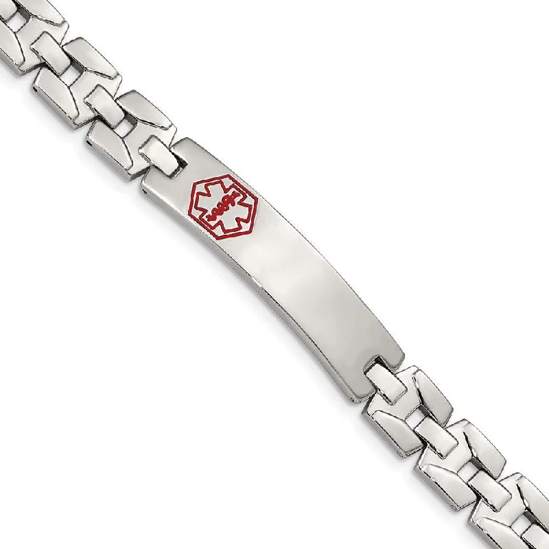 Adjustable Rope Bracelet-Stainless Steel Brushed & Polished Red Enamel 8in Medical Bracelet