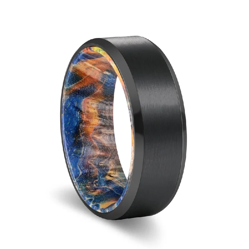 BRADLEY | Blue & Yellow/Orange Wood, Black Tungsten Ring, Brushed, Beveled