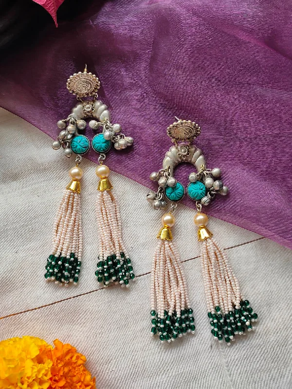 Retro Earrings-Firoza Color Silver Plated Tribal Earrings - EK-SFEAR153IB