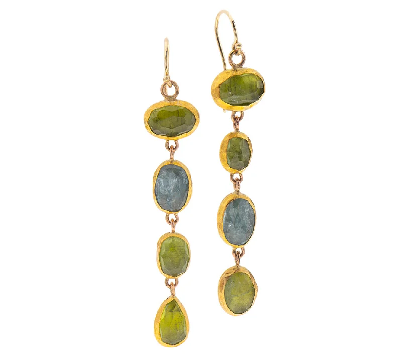 Handmade Beaded Earrings-Nava Zahavi Yellow Gold Long Earrings of Peridots and Aquamarines