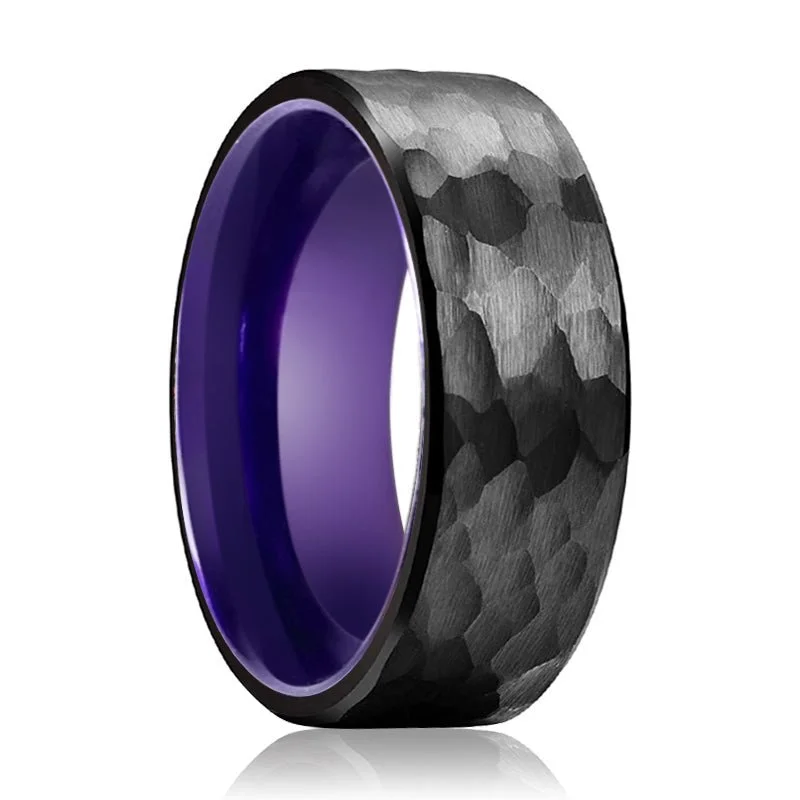 ALLIUM | Purple Ring, Black Tungsten Ring, Hammered, Flat