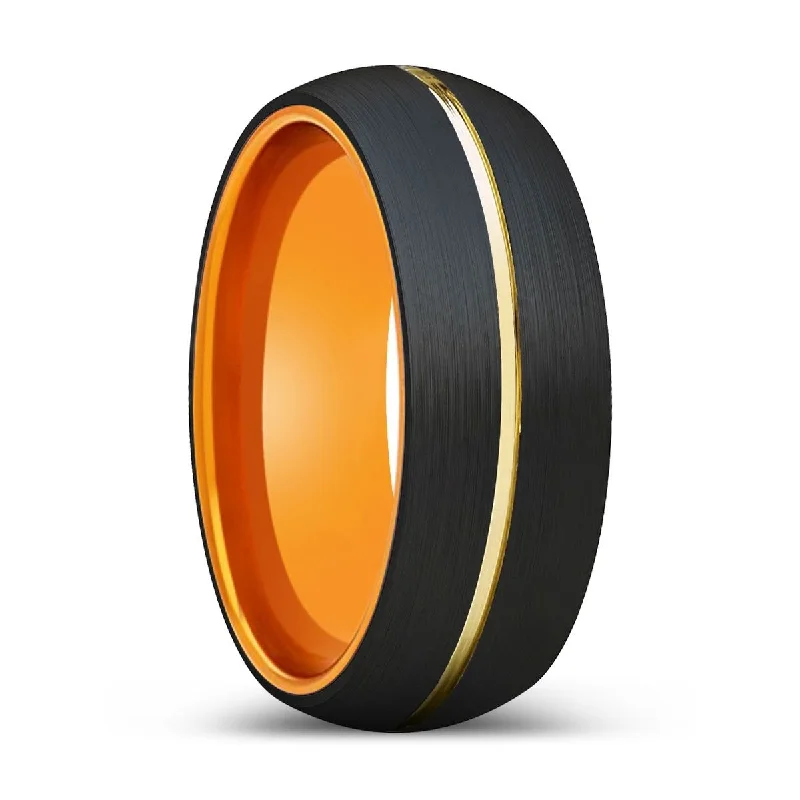 KORNEL | Orange Ring, Black Tungsten Ring, Gold Groove, Domed