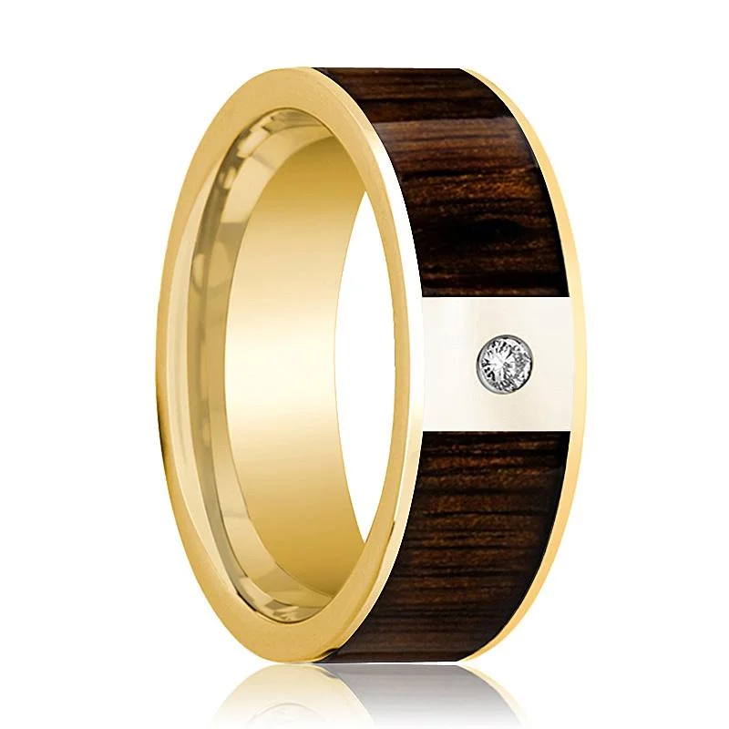 Men's 14k Yellow Gold & Diamond Flat Wedding Band with Black Walnut Inlay - 8MM