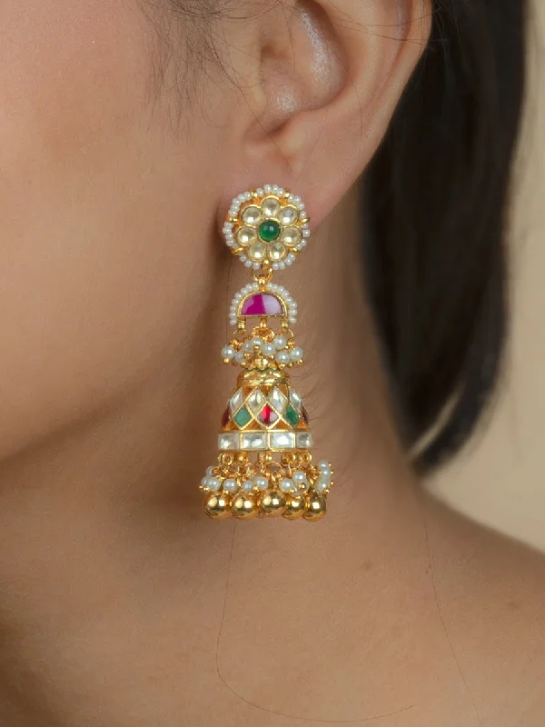 Colored Gemstone Earrings-Multicolor Gold Plated Jadau Kundan Earrings - ME824M