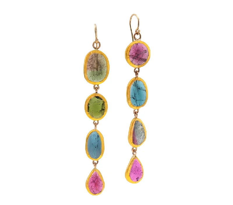 Large Statement Earrings-Nava Zahavi Yellow Gold Dangling Colorful Tourmaline Earrings