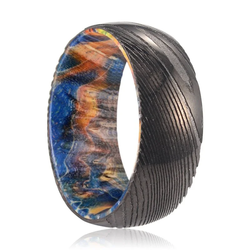 LUKE | Blue & Yellow/Orange Wood, Gunmetal Damascus Steel Ring, Domed