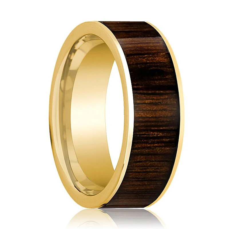 Black Walnut Wood Inlaid Men's 14k Yellow Gold Flat Wedding Band Polished Finish - 8MM