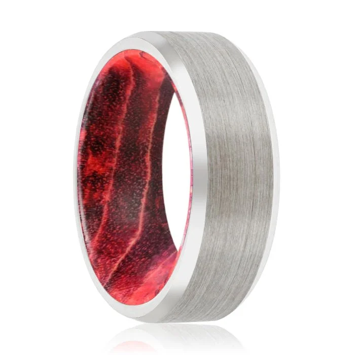 WILLOW | Black & Red Wood, Silver Tungsten Ring, Brushed, Beveled