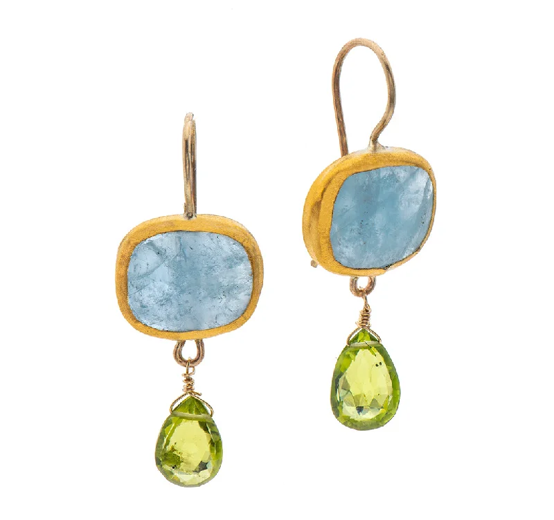 Crystal Dangle Drop Earrings-Nava Zahavi Yellow Gold Aquamarine Earrings and Peridot Drop