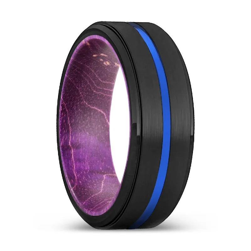 BADGER | Purple Wood, Black Tungsten Ring, Blue Groove, Stepped Edge