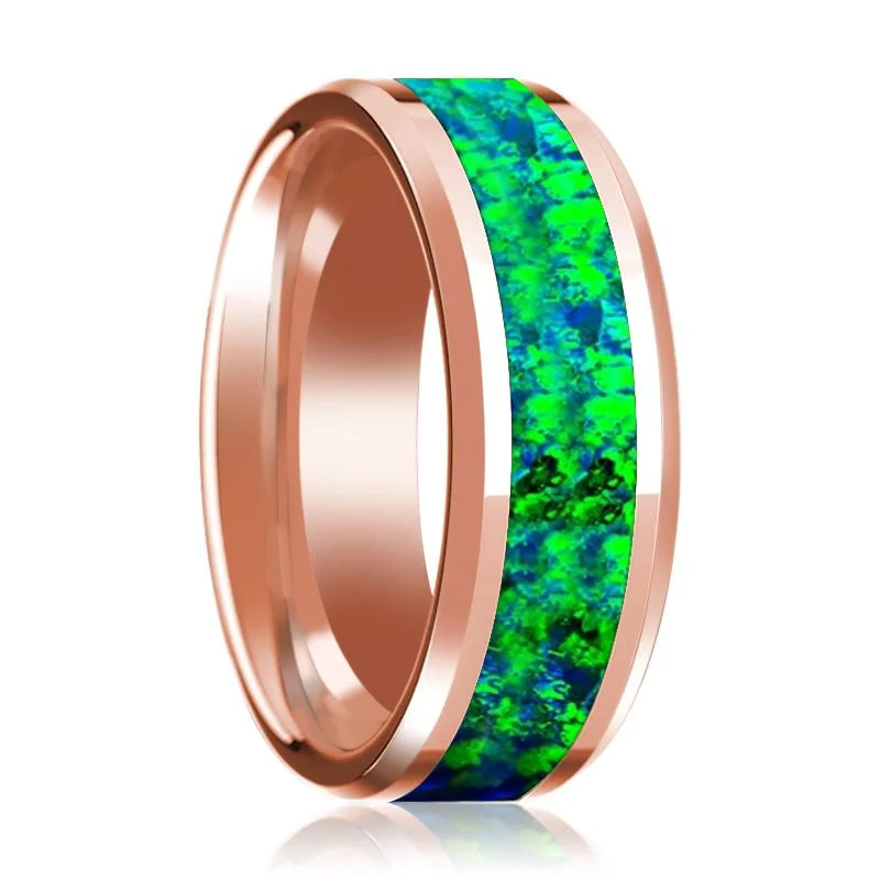 Men's Beveled 14k Rose Gold Wedding Band with Green & Blue Opal Inlay Polished Finish - 8MM