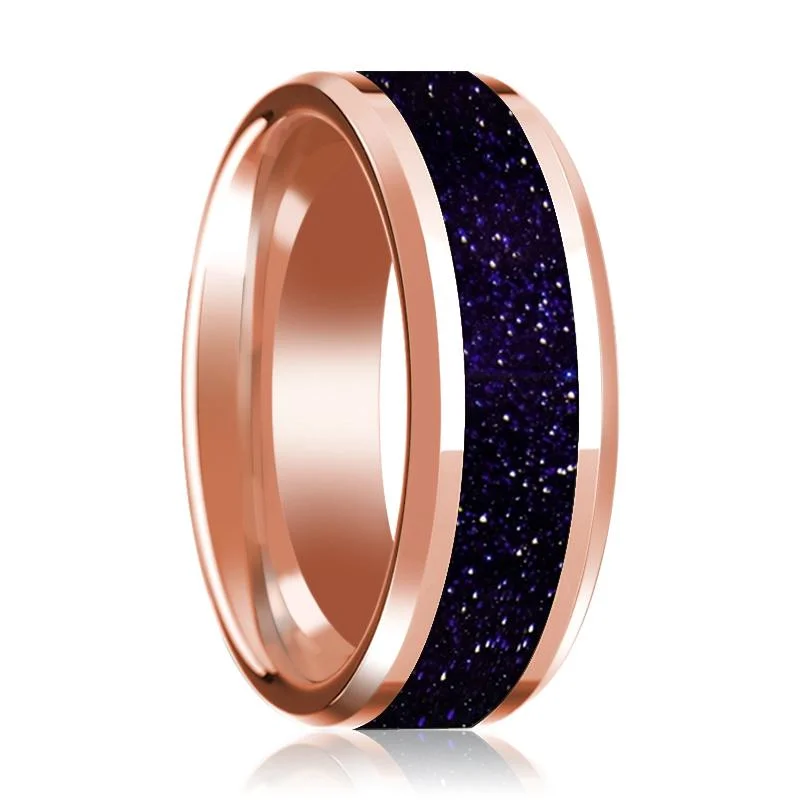 Purple Gold Stone Inlaid 14k Rose Gold Polished Wedding Band for Men with Beveled Edges - 8MM