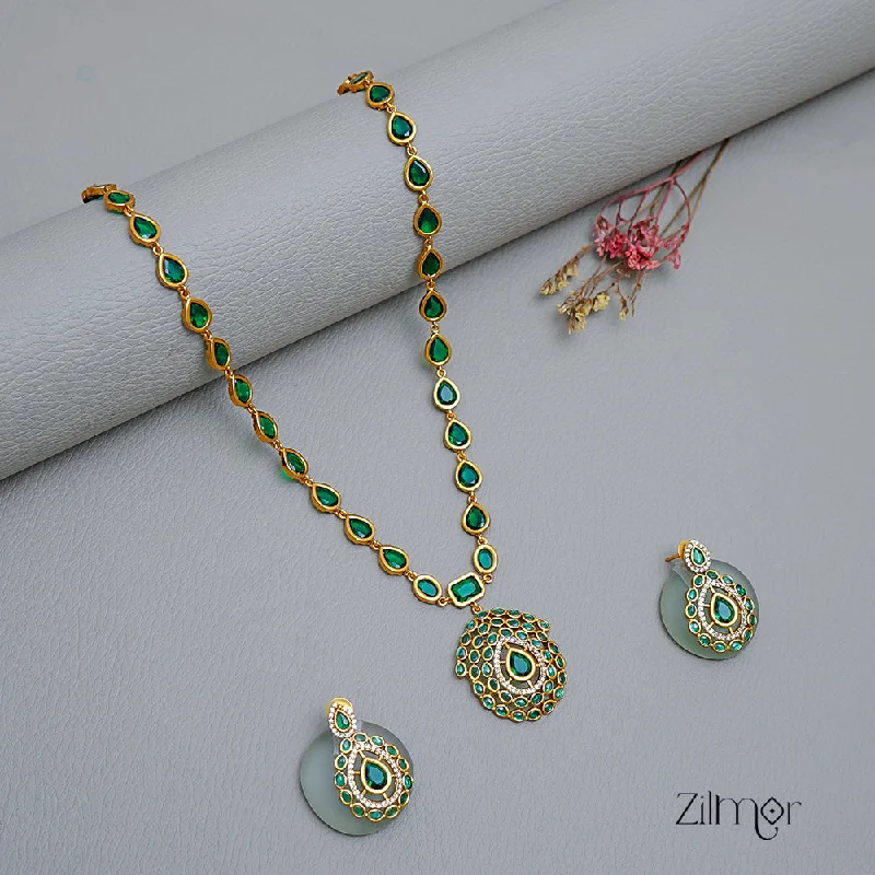 Beaded Gold Necklace-KA1011621- Green Kemp Stone Antique Choker Necklace Earrings Set