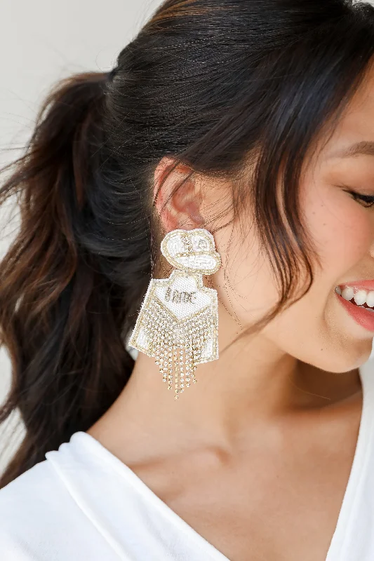 Luxury Silver Earrings-Cowgirl Bride Beaded Rhinestone Fringe Earrings