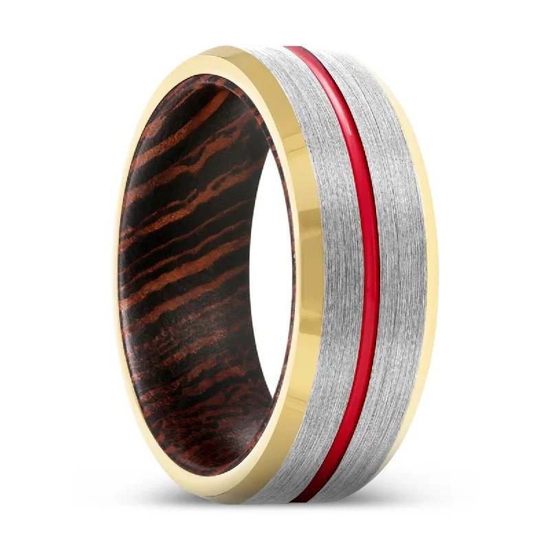 JUKE | Wenge Wood, Silver Tungsten Ring, Red Groove, Gold Beveled Edge